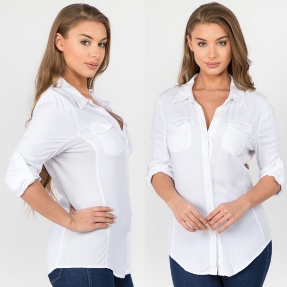 🔥NWT Ci Sono White Buttoned 3/4 Cuffed Roll Tab Sleeve Top Large - Picture 1 of 10